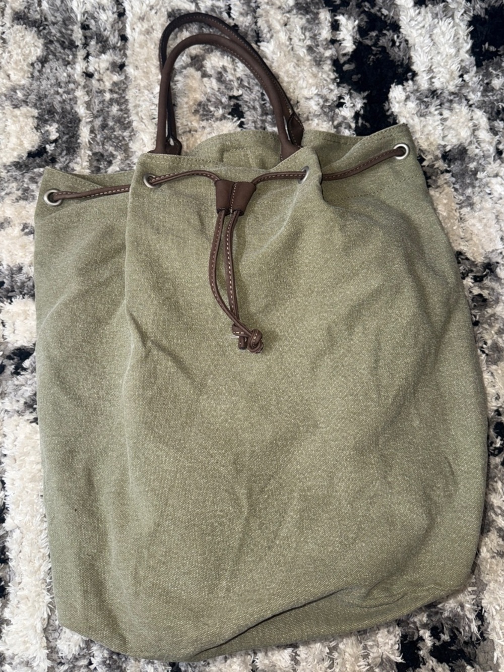 J. Crew Olive Green Canvas Drawstring Backpack with Brown Leather Handles